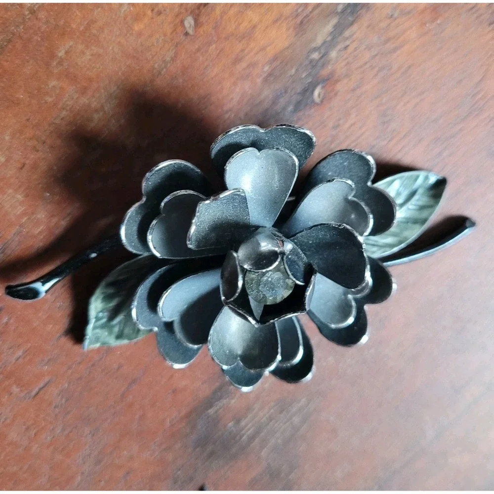 Coro Vintage Enamel Brooch Gothic Floral Pin Black & Silver Gray 1950s Botanical
